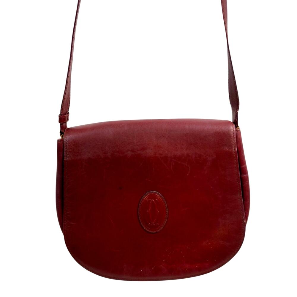 Vintage Cartier Must de Cartier Burgundy Leather Saddle Crossbody Bag w Dust Bag